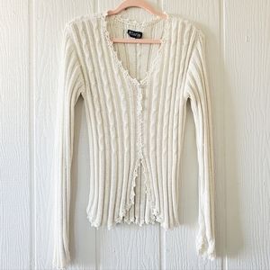 Elaris Boho Peasant Cable Knit Crochet V Neck Button Down Sweater Cream Large
